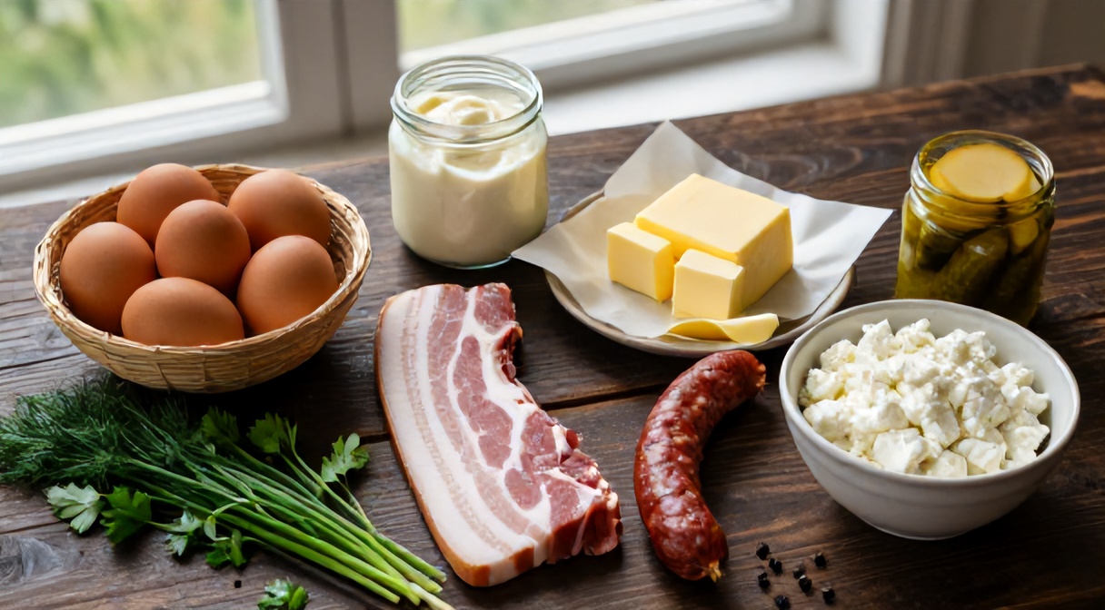 Dieta Kwasniewskiego (optymalna) — produkty: jajka, smalec, maslo, twarog tlusty, tluste mieso, ser zolty