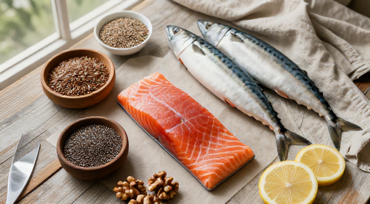 Omega-3 w diecie przy AZS — łosoś, makrele, siemię lniane, chia, orzechy włoskie