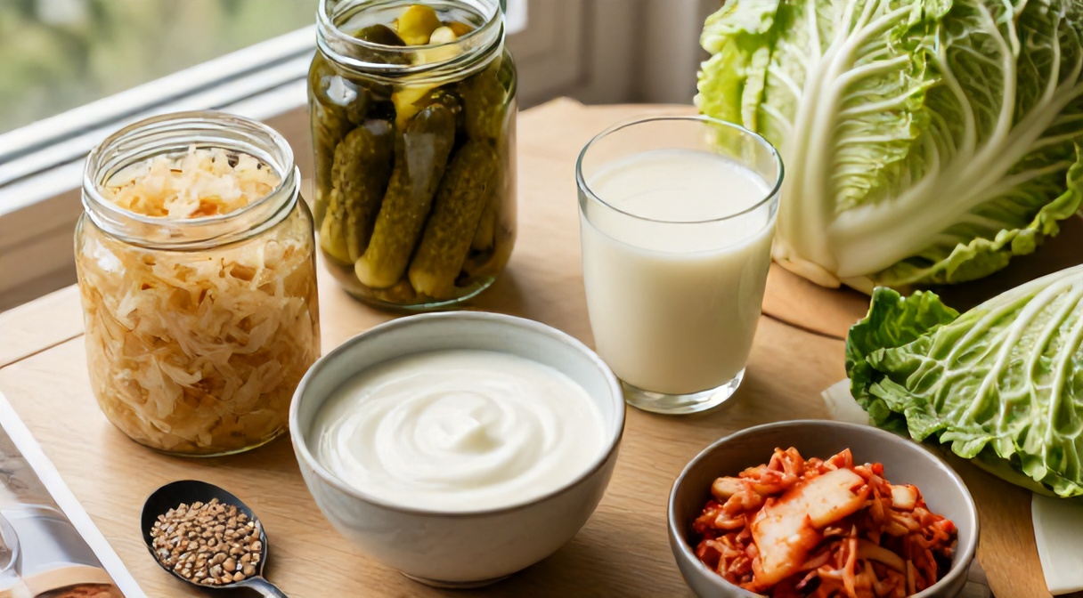 Probiotyki naturalne w diecie przy AZS — kapusta kiszona, ogórki kiszone, jogurt, kefir, kimchi
