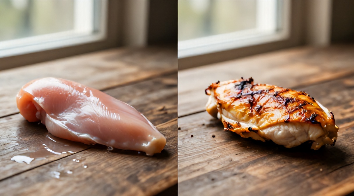 Pierś z kurczaka surowa po lewej (99-120 kcal/100 g) i pieczona po prawej (165 kcal/100 g) — różnica w gęstości kalorycznej