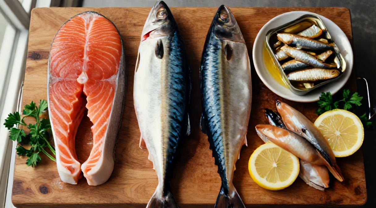 Tłuste ryby źródło omega-3 EPA DHA — łosoś atlantycki, makrela, sardynki w oleju i śledź na drewnianej desce