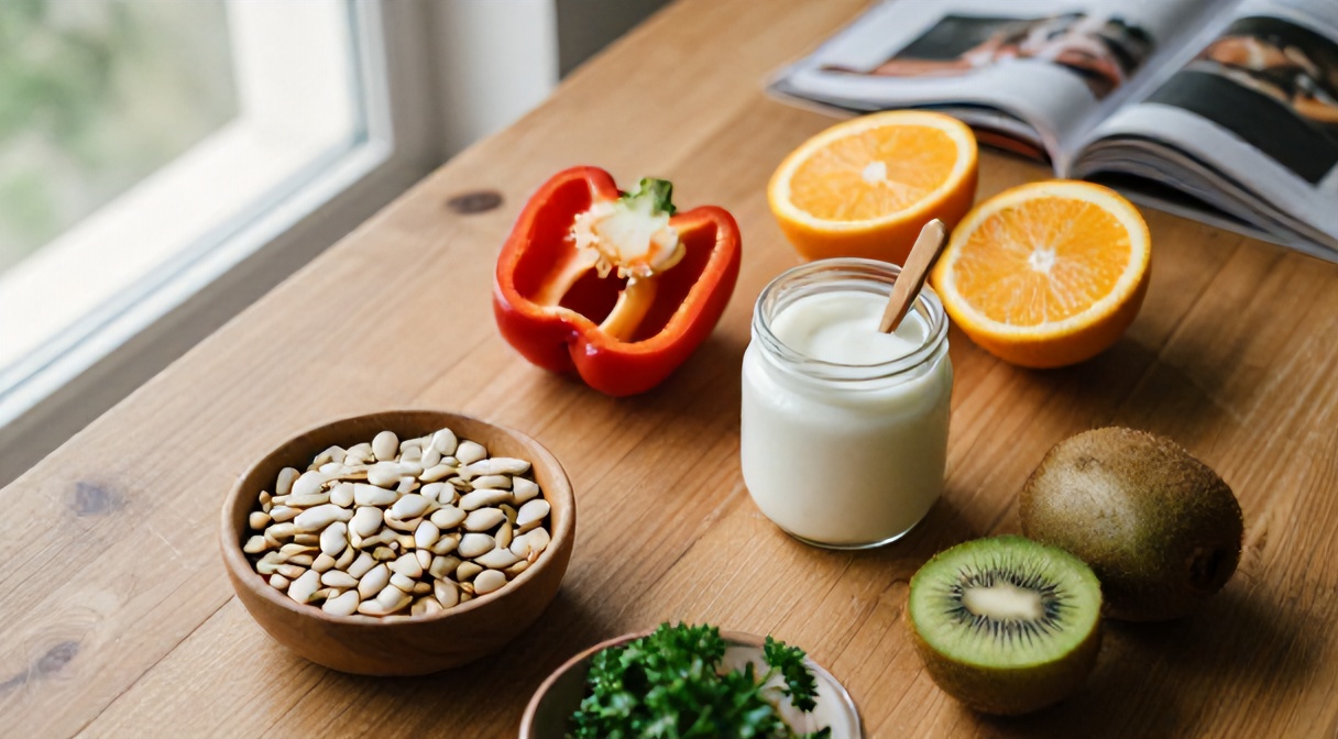 Naturalne źródła cynku, witaminy C i probiotyków — pestki dyni, papryka, pomarańcze, kiwi, jogurt naturalny