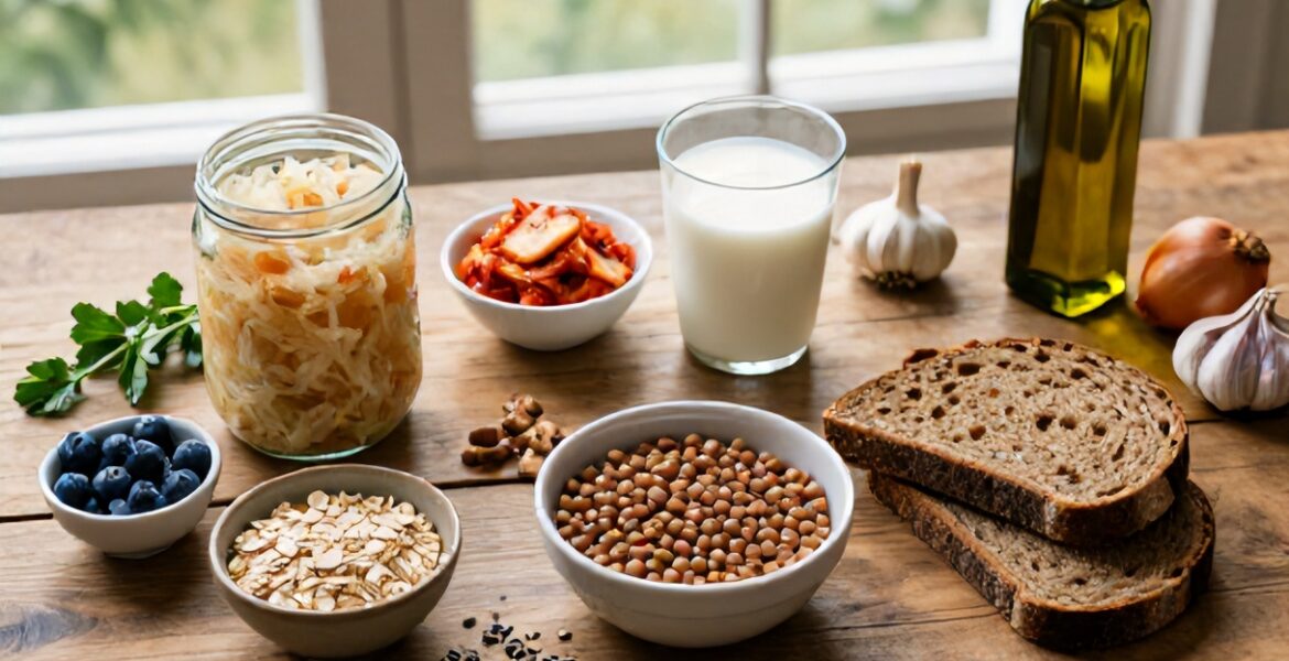 Dieta mikrobiotyczna — produkty wspierające bakterie jelitowe: kefir, kimchi, kapusta kiszona, soczewica, owsianka, jagody, oliwa
