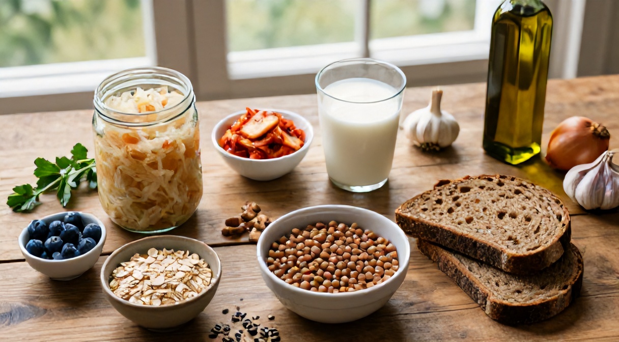 Dieta mikrobiotyczna — produkty wspierające bakterie jelitowe: kefir, kimchi, kapusta kiszona, soczewica, owsianka, jagody, oliwa