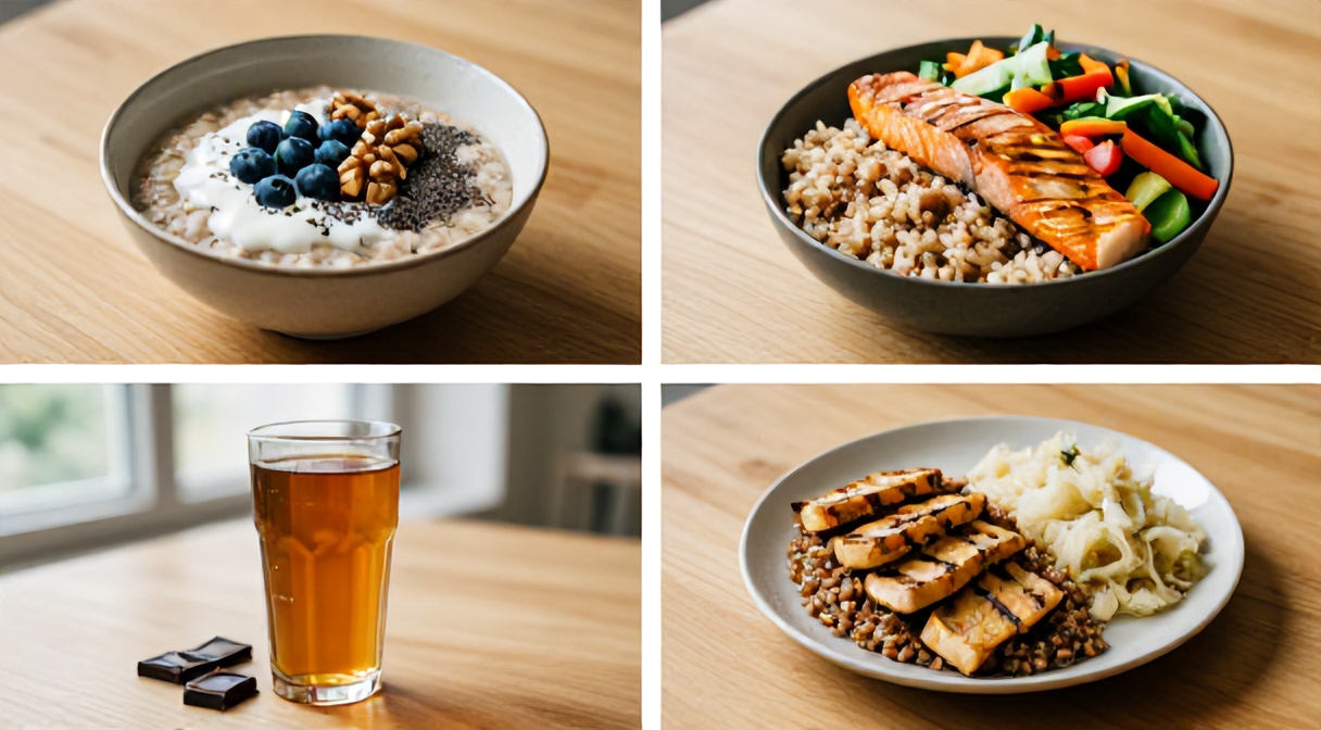 Przykładowy dzień diety mikrobiotycznej — owsianka z kefirem, łosoś z brązowym ryżem, kombucha, gryczana z tempeh i kapustą kiszoną