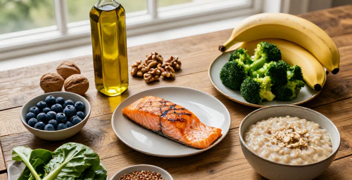 Dieta po udarze mozgu - produkty neuroprotekcyjne: losos, borowki, orzechy wloskie, oliwa, brokul, kasza gryczana
