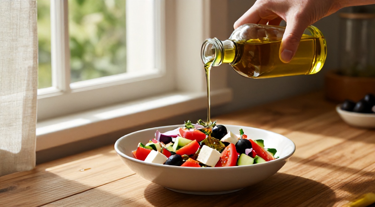 Jak zacząć dietę śródziemnomorską — oliwa extra virgin polana na sałatkę grecką