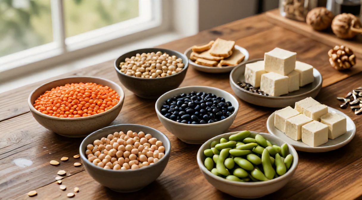 Roślinne źródła białka — soczewica, ciecierzyca, tofu, tempeh, edamame, orzechy