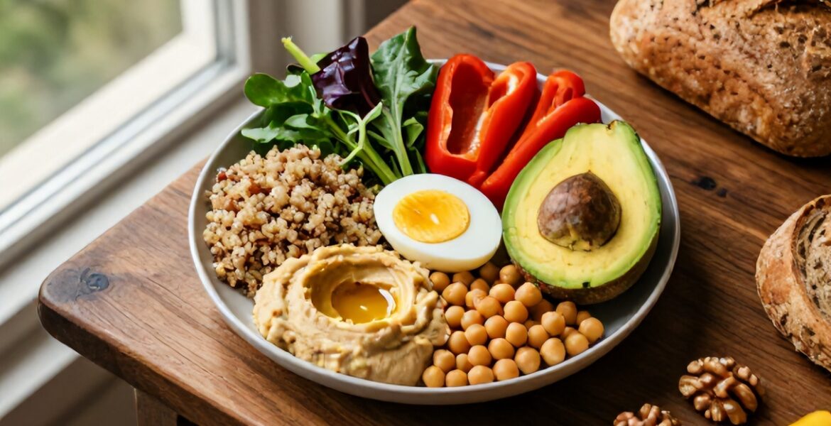 Wegetariański talerz obiadowy — quinoa, hummus, jajko, papryka, awokado, orzechy