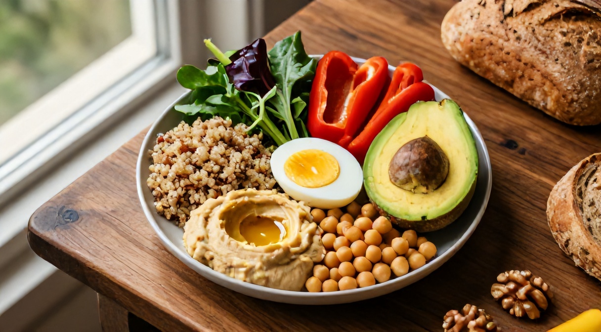 Wegetariański talerz obiadowy — quinoa, hummus, jajko, papryka, awokado, orzechy