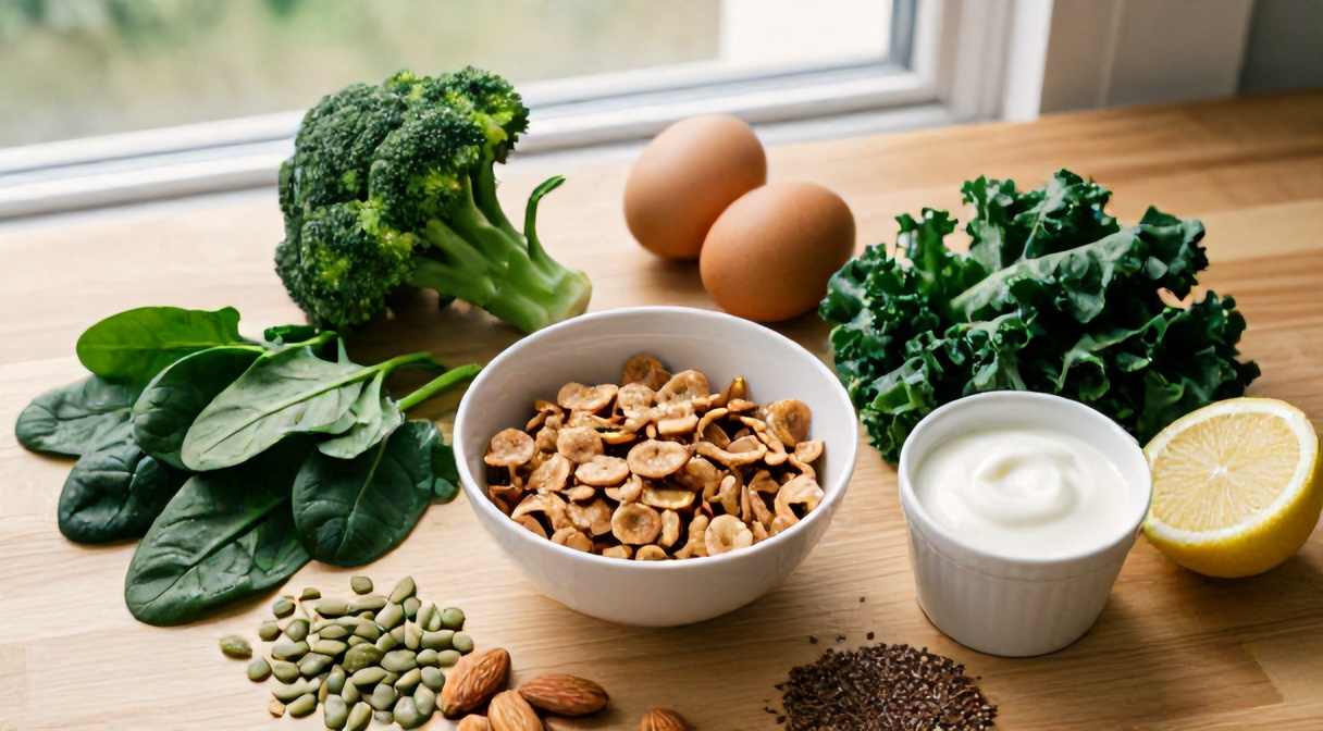 Produkty uzupełniające niedobory u wegetarian — szpinak, brokuły, jajka, jogurt, nasiona, orzechy