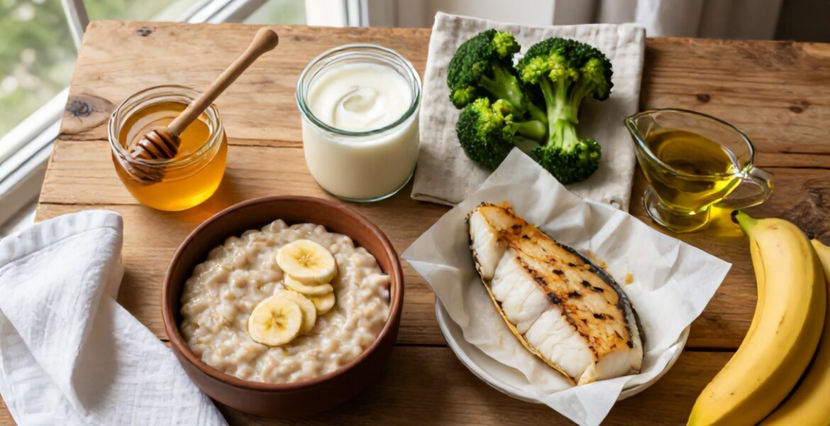 Dieta przy wrzodach żołądka — produkty łagodzące: owsianka, banan, miód, jogurt, brokuły, dorsz, oliwa
