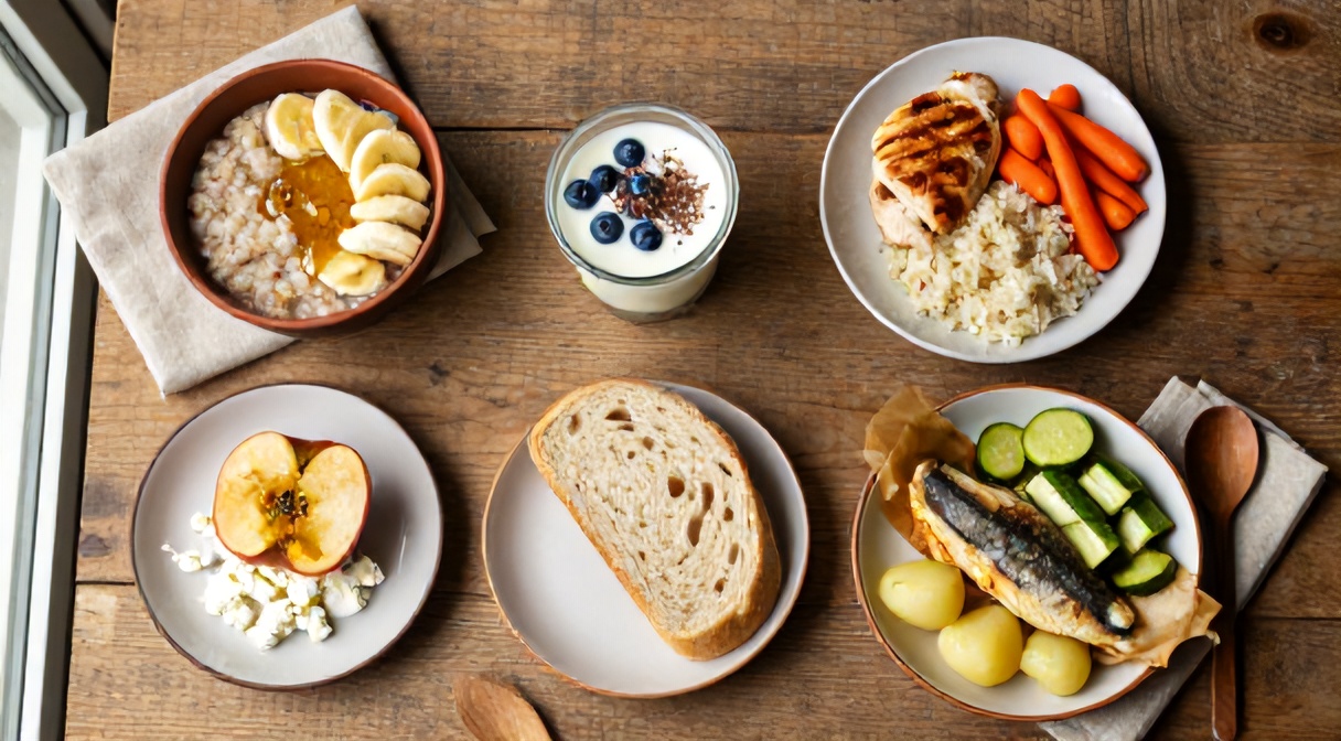 Jadłospis przy wrzodach żołądka — 5 posiłków dnia 1900 kcal: owsianka, jogurt, kurczak, jabłko, dorsz
