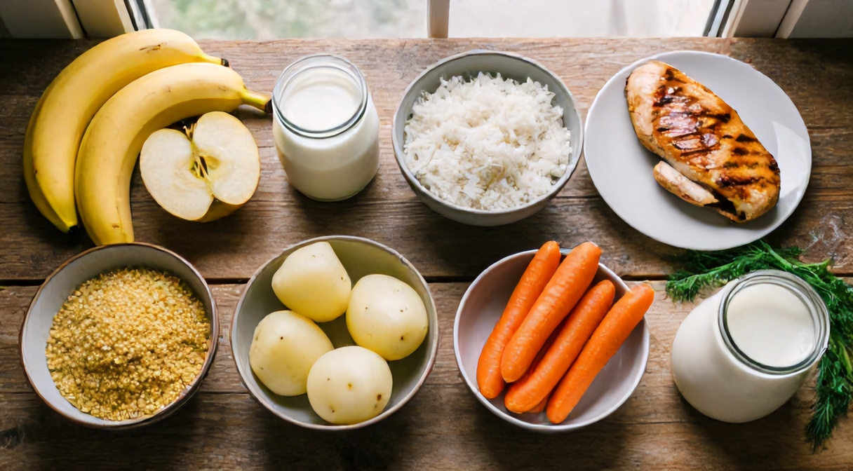 Produkty wskazane przy wrzodach żołądka — pierś kurczaka, ryż, marchew, banan, jogurt, jabłko