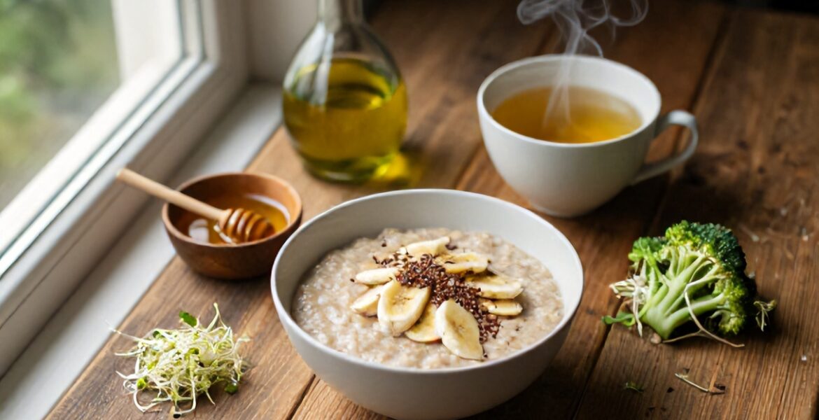Dieta przy zapaleniu żołądka — owsianka z bananem, napar ziołowy i kiełki brokułu na drewnianym stole
