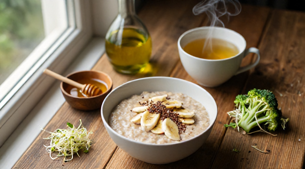 Dieta przy zapaleniu żołądka — owsianka z bananem, napar ziołowy i kiełki brokułu na drewnianym stole