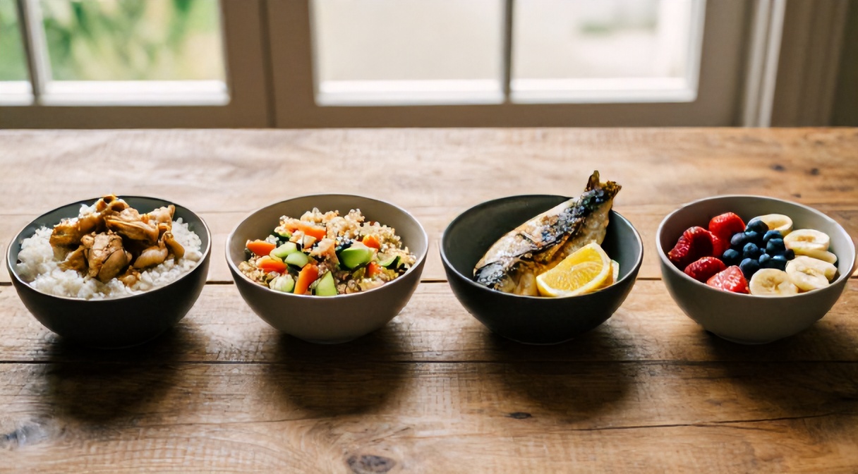Jadłospis low-FODMAP — przykładowe 4 posiłki: ryż z kurczakiem, komosa z warzywami, ryba z cytryną, sałatka owocowa