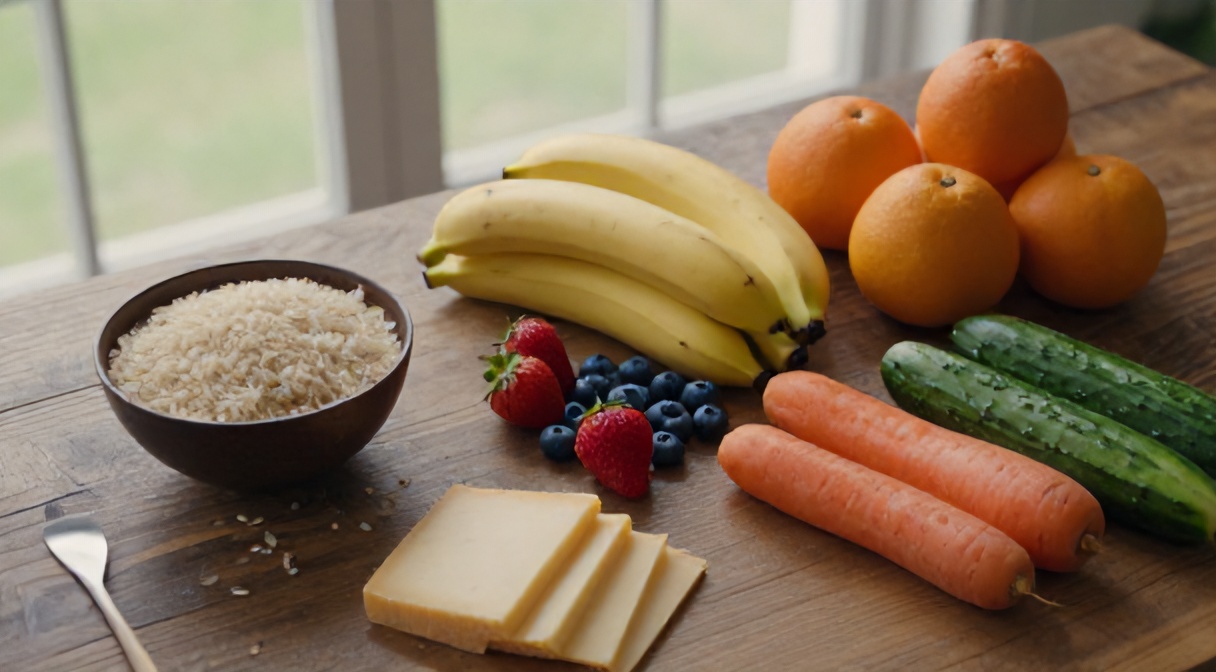 Produkty low-FODMAP — ryż, banany niedojrzałe, pomarańcze, truskawki, jagody, marchew, ogórek, ser dojrzewający
