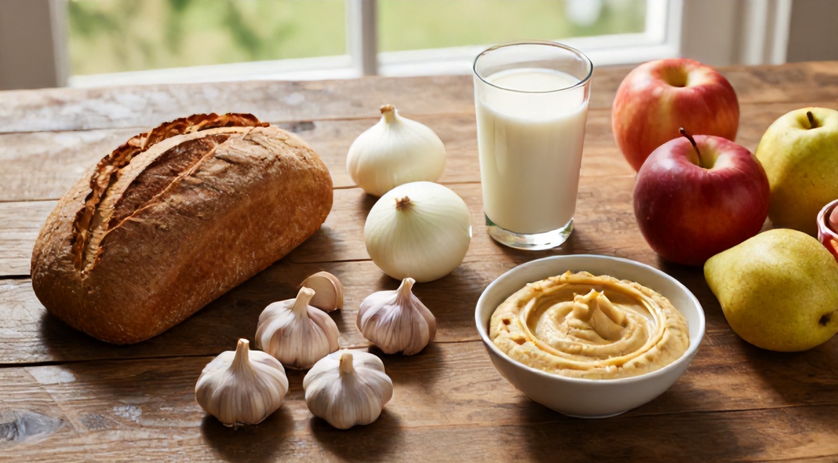 Produkty high-FODMAP — chleb pszenny, czosnek, cebula, mleko, jabłka, gruszki, hummus