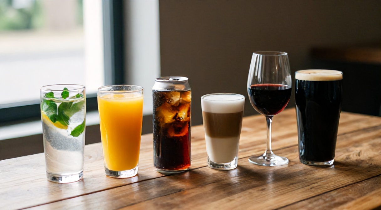 Kalorie w napojach - porownanie 6 napojow: woda z cytryna, sok pomaranczowy, cola, latte, wino czerwone, piwo