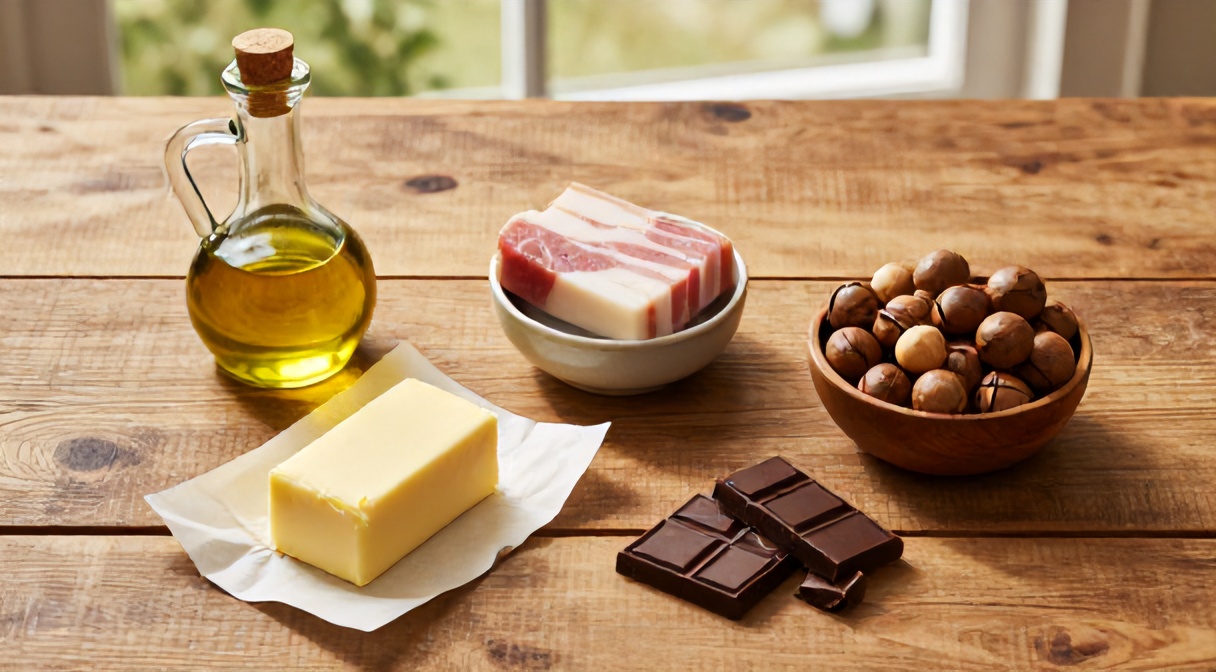 Najbardziej kaloryczne produkty 700-900 kcal na 100 g — oliwa, smalec, masło, makadamia, czekolada