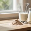 Białko serwatkowe (whey) — kopczyk odżywki białkowej i szklanka mleka na kuchennym blacie