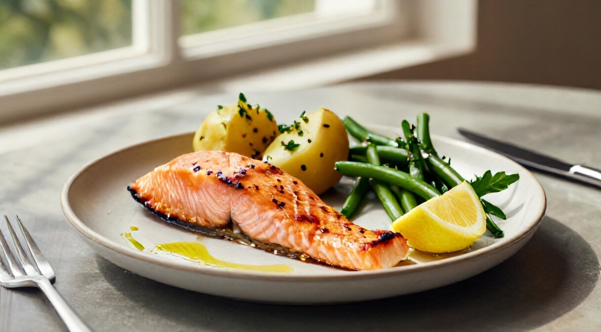 Obiad low-FODMAP — pieczony łosoś z ziemniakami i fasolką szparagową