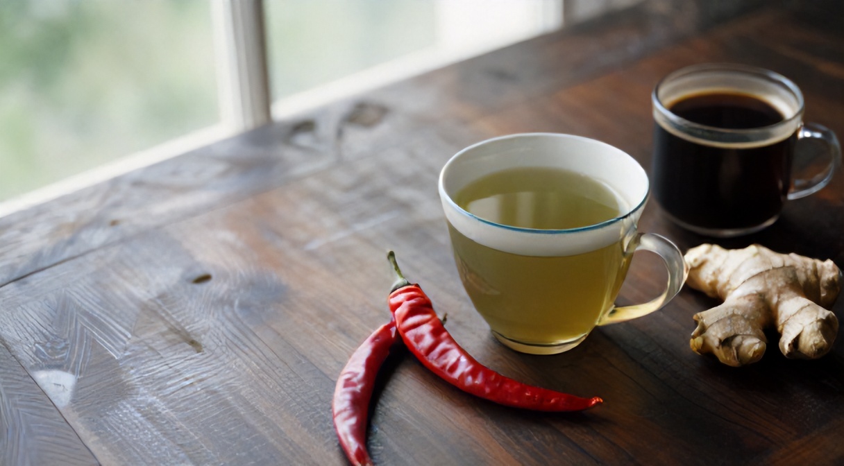 Zielona herbata, kawa i ostra papryczka chili na drewnianym stole